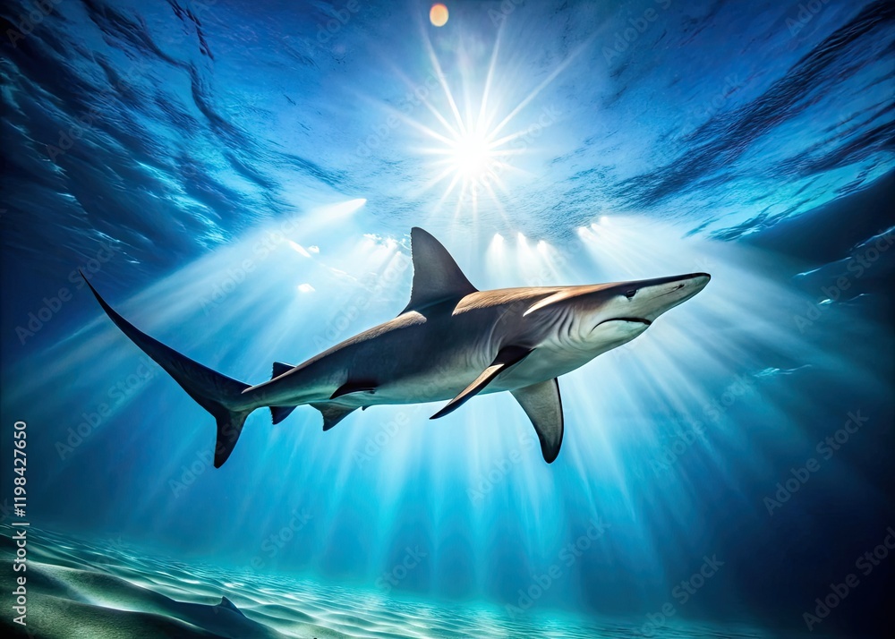 Fototapeta premium Hammerhead's elegant silhouette, a vibrant blue ocean backdrop, captured in stunning macro detail.