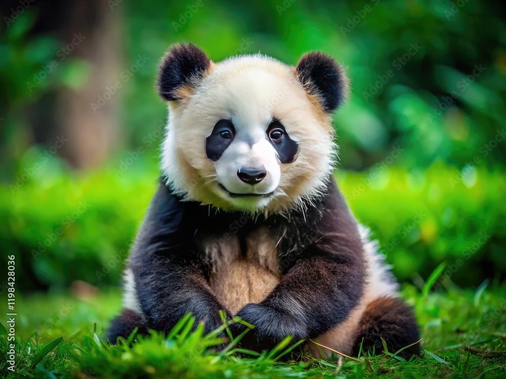 Fototapeta premium High-angle shot of an adorable, isolated panda amidst a bamboo forest; captivating wildlife photography.