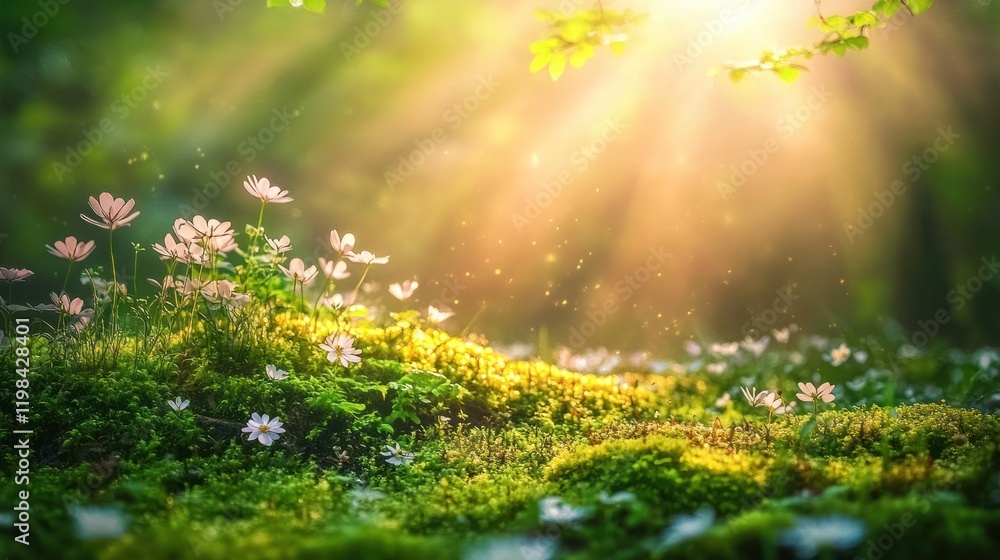 Fototapeta premium Enchanted Forest: Sunbeams Dance on Mossy Bloom