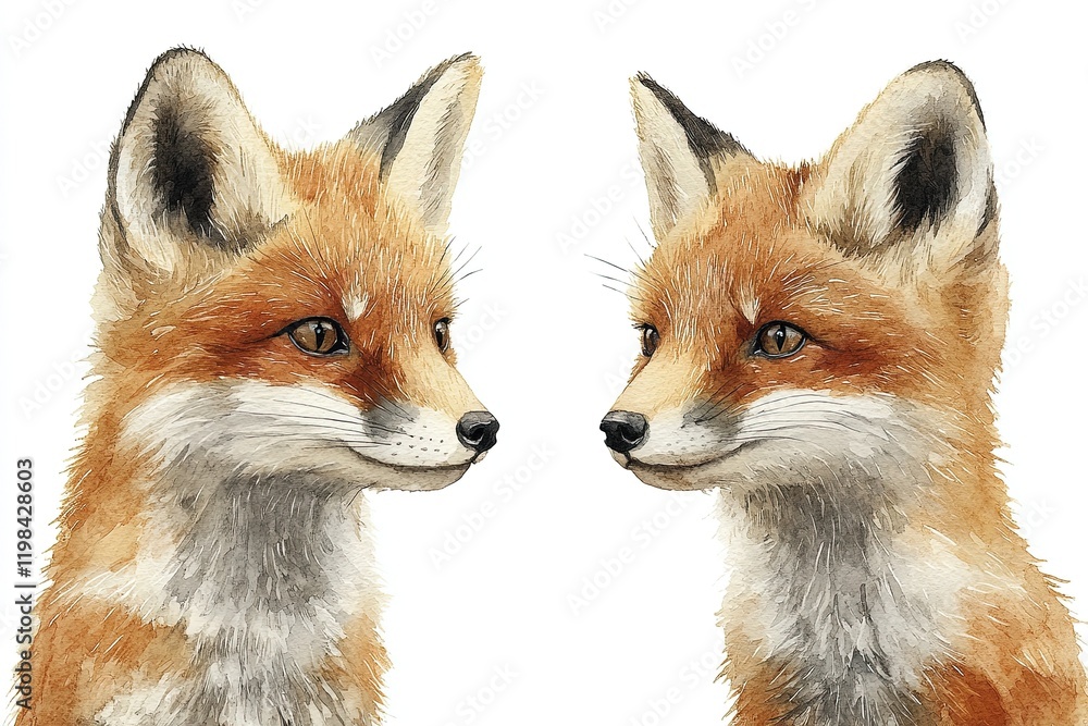 Obraz premium Two realistic fox heads facing each other, showcasing detailed fur and expressions.