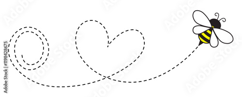 Cute bee illustration with a dotted heart path. Perfect for greeting cards, Valentine’s Day designs, and romantic themes.