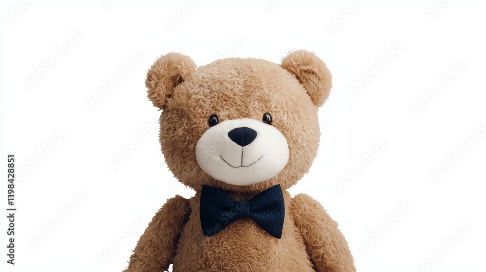 Fototapeta premium A cute teddy bear with a smile, wearing a blue bow tie, perfect for gifts and cuddles.