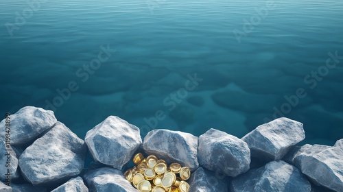 A serene scene featuring a pile of gold coins nestled among rocks at the edge of calm blue water. photo