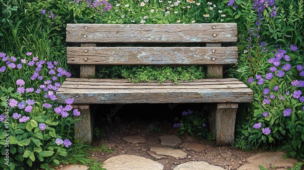 Weathered Wooden Bench Amidst Blooming Purple Flowers Weathered Wooden Bench Amidst Blooming Purple Flowers
