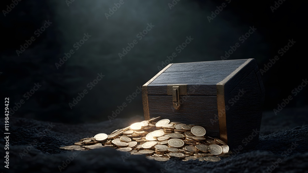 Fototapeta premium A treasure chest overflowing with coins, illuminated by soft light, creates an enchanting atmosphere of mystery and wealth.