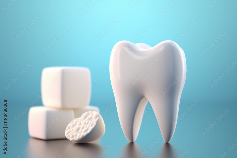 Dental Care Concept with Tooth Model and Sugar Cubes Highlighting Oral Health, Hygiene, and Cavity Prevention in Dentistry Dental Care Concept with Tooth Model and Sugar Cubes Highlighting Oral Health, Hygiene, and Cavity Prevention in Dentistry
