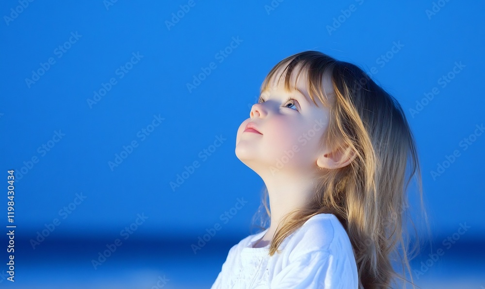 Child looking up at twilight sky, beach background Child looking up at twilight sky, beach background