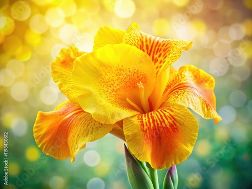 King Humbert Canna Lily's vibrant yellow bloom explodes in macro detail, bokeh softening the background. photo