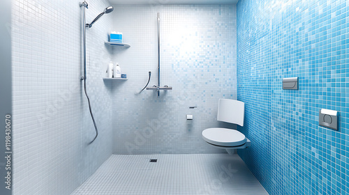 Wheelchair Accessible Hotel Bathroom Shower with Bokeh Effect and Tile Design for Accessibility Focus photo