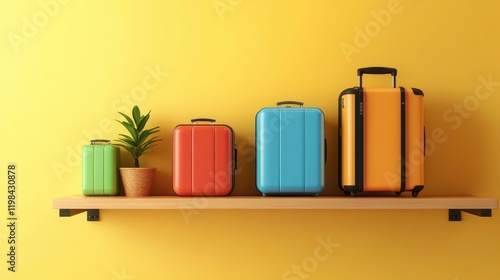 Wallpaper Mural Colorful Luggage on Shelf with Green Plant Against Bright Yellow Wall, Ideal for Travel, Adventure, and Vacation Themes in Stock Photography Torontodigital.ca