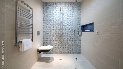 Wheelchair Accessible Hotel Bathroom Shower with Bokeh Effect and Tile Design for Accessibility Focus photo