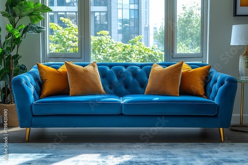 Blue loveseat sofa with gold legs and glass coffee table in modern living room, bright colors, window light, stylish home interior design. photo