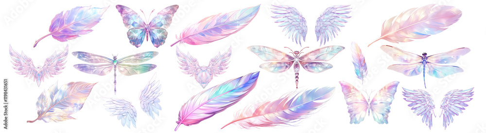 PNG Iridescent feathers and wings set, isolated on transparent background PNG Iridescent feathers and wings set, isolated on transparent background