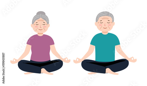 Meditating senior couple. Cute cartoon old people sitting in meditation. Healthy lifestyle illustration.