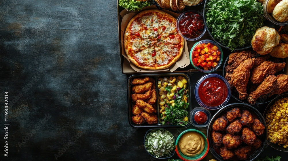 Assorted delicious food spread on a dark wooden table, featuring pizza, fried chicken, and salads Assorted delicious food spread on a dark wooden table, featuring pizza, fried chicken, and salads
