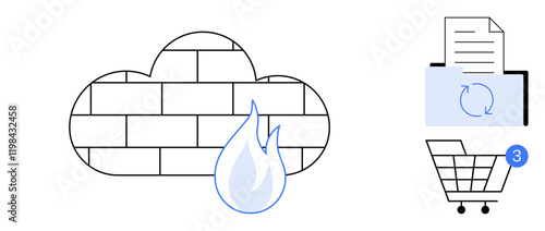 Cloud firewall icon with a flame, synchronized documents in folder, and shopping cart with notification. Ideal for cybersecurity, cloud computing, e-commerce, data management, online shopping