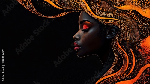 A striking portrait of a woman with tribal patterns and warm colors, ideal for Black History Month promotions, cultural events, and empowering art displays. photo