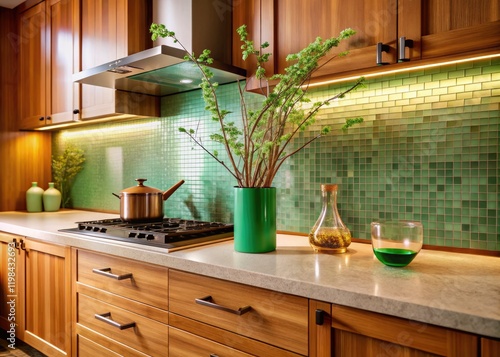 Modern Japanese kitchen: warm wood, cool marble, vibrant green glass tiles. photo