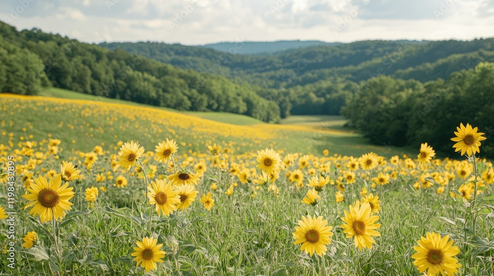 Sunflowers bloom in a field before a hilly landscape Sunflowers bloom in a field before a hilly landscape