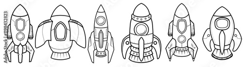 Set of Black and white Rocket Space for launch galaxy astronomy astronaut universe Kids coloring page, drawing, art, flash card. Color cartoon character clipart.