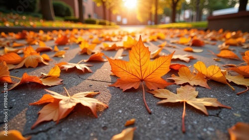 Glowing sunlight illuminates a vibrant orange maple leaf centered on a textured gray concrete, surrounded by a carpet of fallen autumn leaves photo