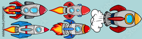 Set of Rocket Space for launch galaxy astronomy astronaut universe Kids coloring page, drawing, art, first word, flash card. Color cartoon character clipart.