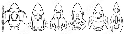Set of Black and white Rocket Space for launch galaxy astronomy astronaut universe Kids coloring page, drawing, art, flash card. Color cartoon character clipart.