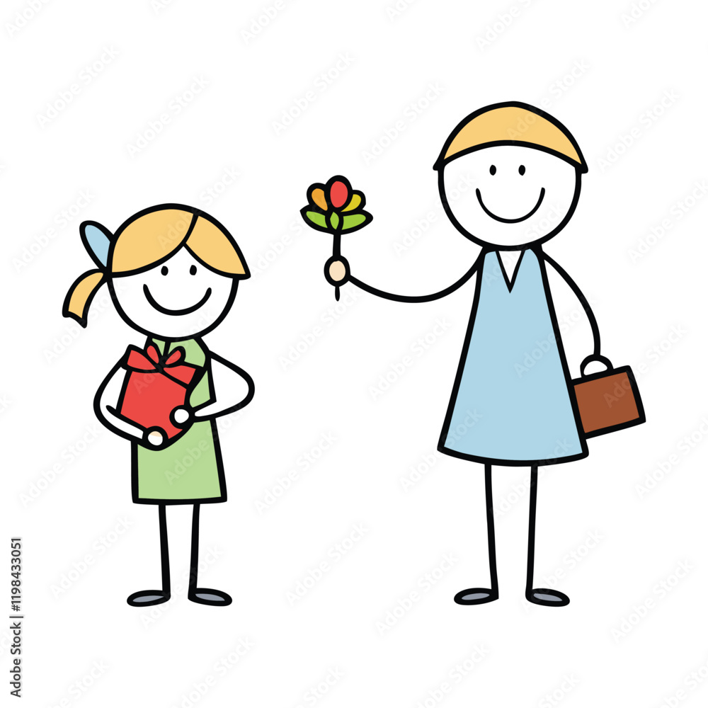 A heartwarming stick-figure scene: a student presents flowers and gifts to their teacher, symbolizing gratitude and respect. Simple yet meaningful, with a cheerful, celebratory vibe. A heartwarming stick-figure scene: a student presents flowers and gifts to their teacher, symbolizing gratitude and respect. Simple yet meaningful, with a cheerful, celebratory vibe.