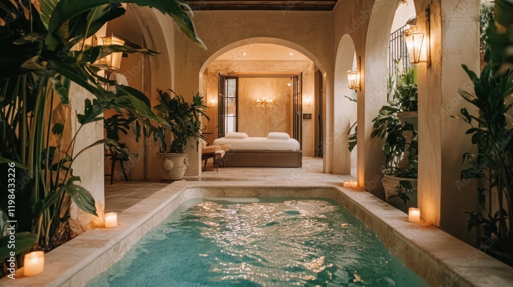 Obraz premium Luxurious indoor pool and spa with tropical plants, candles, and a bedroom view.