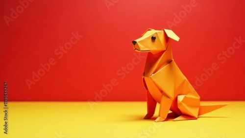 A vibrant orange origami canine figure sits majestically against a bold red and yellow backdrop, showcasing intricate paper folding artistry.