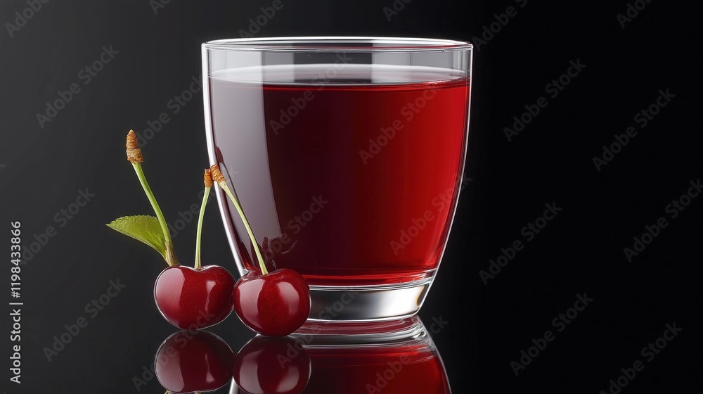 Glass of cherry juice with two cherries on the side against a dark background Glass of cherry juice with two cherries on the side against a dark background