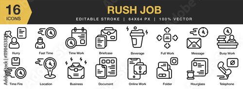 Rush Job icon set. Editable Stroke Icon Collection. Includes job, business, work, rush, office, time, and More. Outline icons vector collection.