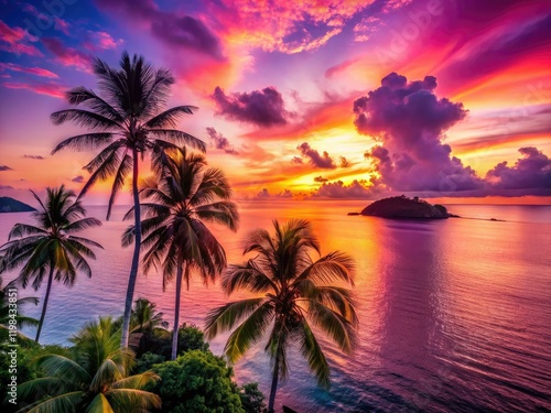 Pink sunset paints a tropical island paradise: palm trees silhouette against a vibrant ocean.