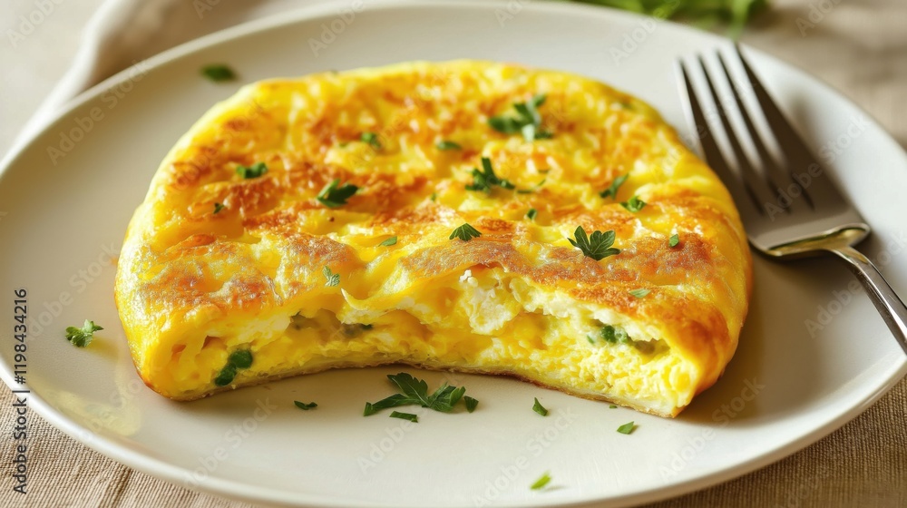 Egg Omelette garnished with vegetables and spices in a plate, closeup Egg Omelette garnished with vegetables and spices in a plate, closeup