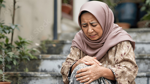 A medium shot of an elderly Malay woman (makcik) sitting on the stairs, wearing a traditional baju kurung and a hijab, holding her knee with a pained expression photo