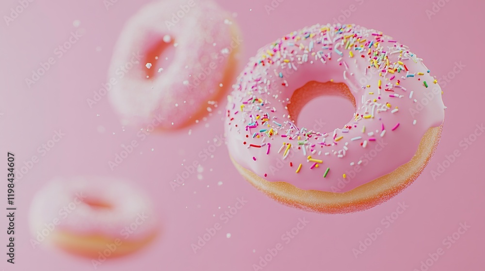Pink donuts with sprinkles floating on pink background. Pink donuts with sprinkles floating on pink background.
