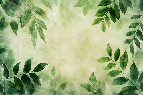 The image features a watercolor painting of green leaves against a soft, gradient background with hues of green and beige