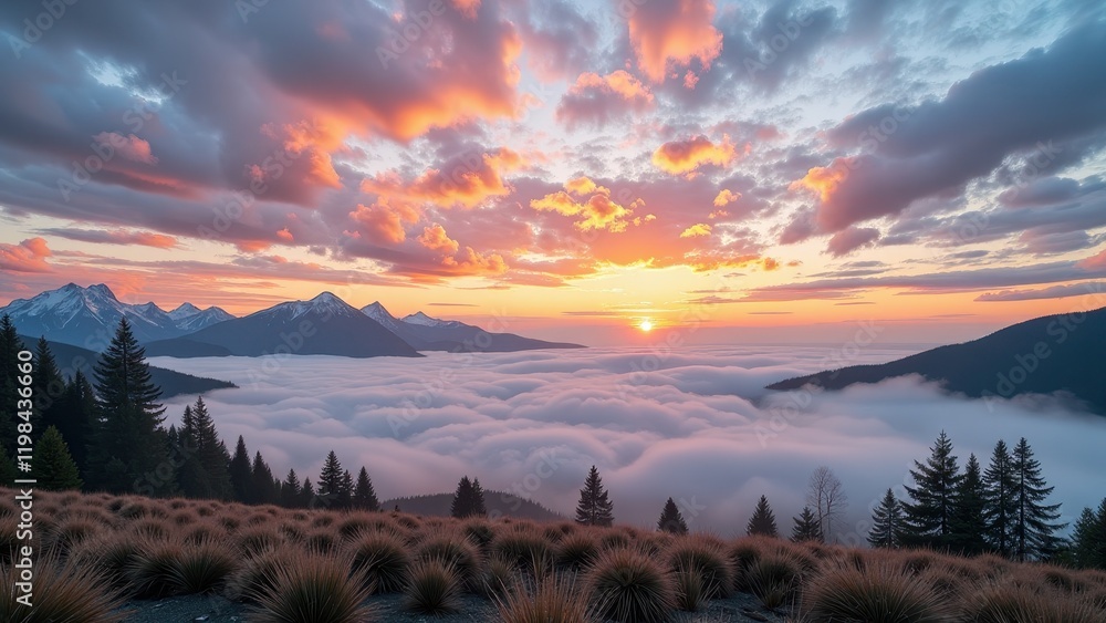 Obraz premium Golden sunrise envelops misty mountains and silhouetted trees below, casting an ethereal glow as the day begins. Hues of orange and yellow dance across a tranquil sky