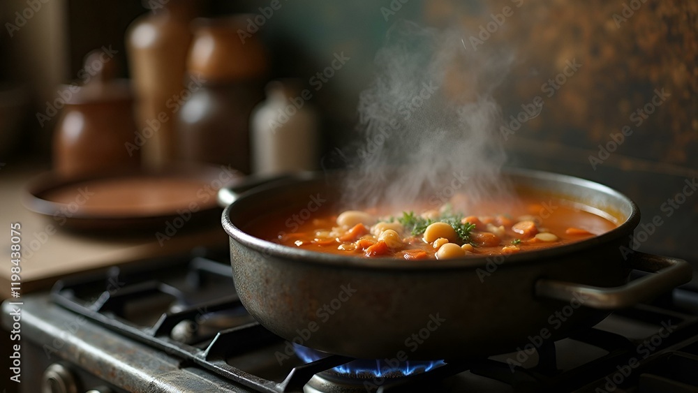 cooking on the fire, Hearty Vegetable Soup Cooking on Gas Stove, Cozy Home-Cooked Meal cooking on the fire, Hearty Vegetable Soup Cooking on Gas Stove, Cozy Home-Cooked Meal
