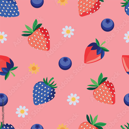 blue strawberry Red-pink strawberries, blueberries, daisies, bright pink background.Seamless pattern. Vector.