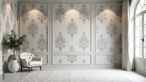 Serene Interior Design Elegant Room with Upholstered Chair and Ornate Wall Decor