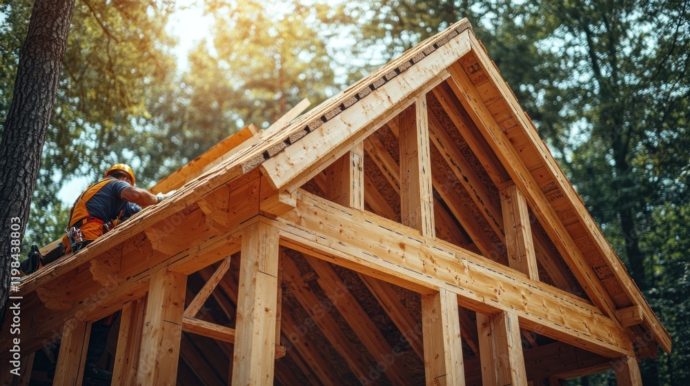 Obraz premium Carpenter working on the wooden roof of a house under construction in a lush forest setting