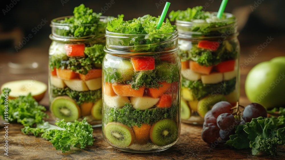 A set of glass jar mugs filled with a vibrant green health smoothie, placed neatly on a wooden countertop. A set of glass jar mugs filled with a vibrant green health smoothie, placed neatly on a wooden countertop.