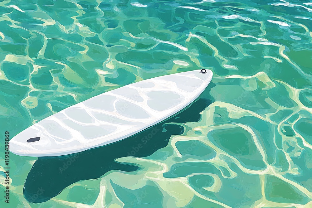 Serene Teal Waters Reflecting a Solitary White Paddleboard Serene Teal Waters Reflecting a Solitary White Paddleboard