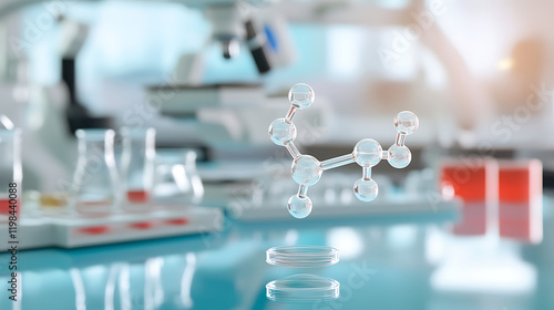 Microscopic view of NDMA (N-Nitrosodimethylamine) molecules, a potential carcinogen, hovering above a blurred laboratory background with petri dishes and scientific instruments. photo