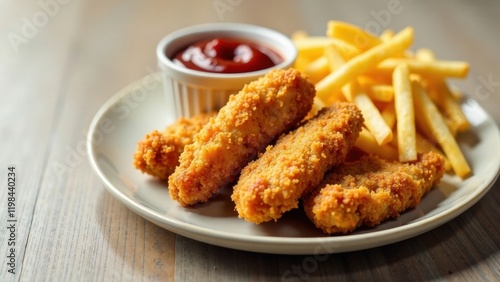 A plate of crispy fried chicken tenders served with golden french fries and a side of tangy ketchup, perfect for a satisfying meal.