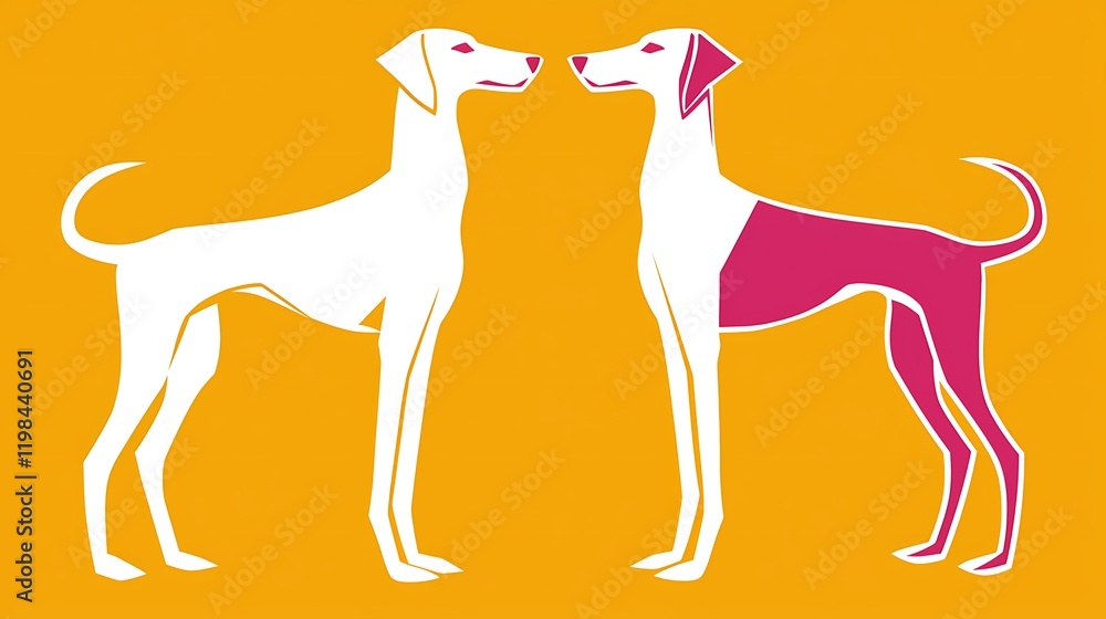 Obraz premium Two stylized dogs facing each other, minimalist art, orange background, pet illustration