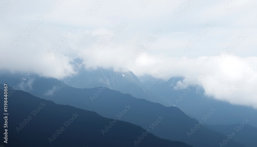 Fototapeta premium Misty Mountains Enveloped In Soft White Clouds