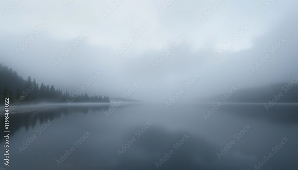 Serene Foggy Lake and Coniferous Treescape Serene Foggy Lake and Coniferous Treescape