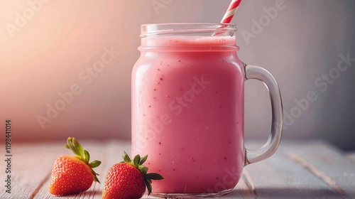 Wallpaper Mural Strawberry smoothie in a glass mason jar with a straw with strawberries  Torontodigital.ca